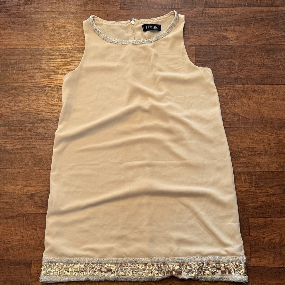 fab'rik Cream Sleeveless Mini Dress with Gold Sequin and Silver Beaded Accents